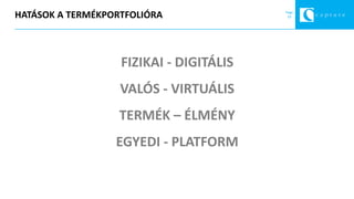 Page
10HATÁSOK A TERMÉKPORTFOLIÓRA
FIZIKAI - DIGITÁLIS
VALÓS - VIRTUÁLIS
TERMÉK – ÉLMÉNY
EGYEDI - PLATFORM
 