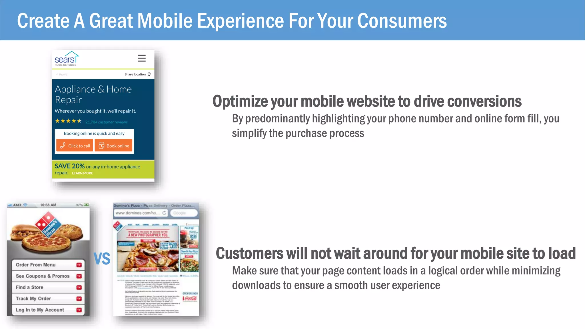 Create A Great Mobile Experience For Your Consumers
Optimize your mobile website to drive conversions
By predominantly highlighting your phone number and online form fill, you
simplify the purchase process
Customers will not wait around for your mobile site to load
Make sure that your page content loads in a logical order while minimizing
downloads to ensure a smooth user experience
VS
 