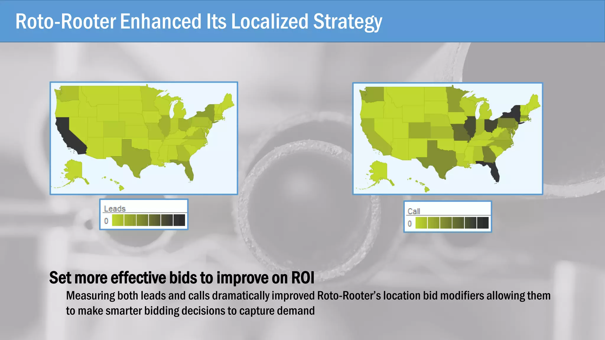 Roto-Rooter Enhanced Its Localized Strategy
Set more effective bids to improve on ROI
Measuring both leads and calls dramatically improved Roto-Rooter’s location bid modifiers allowing them
to make smarter bidding decisions to capture demand
 