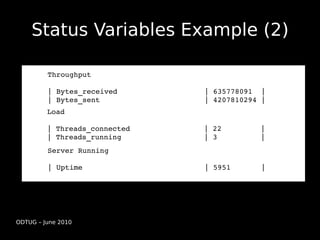 Status Variables Example (2)
         | Bytes_received                    | 635778091  |
         | Bytes_sent            ...