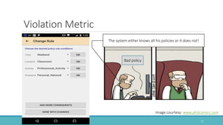 Image courtesy: www.phdcomics.com
16
Bad policy
The system either knows all his policies or it does not!
Violation Metric
 