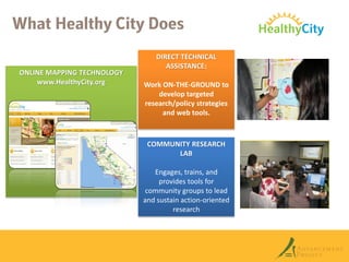 DIRECT TECHNICAL
ASSISTANCE:
Work ON-THE-GROUND to
develop targeted
research/policy strategies
and web tools.
COMMUNITY RESEARCH
LAB
Engages, trains, and
provides tools for
community groups to lead
and sustain action-oriented
research
ONLINE MAPPING TECHNOLOGY
www.HealthyCity.org
 