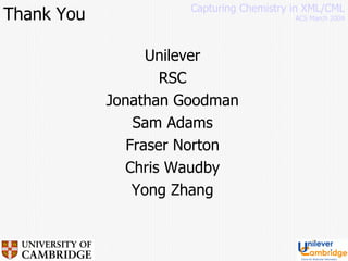 Thank You Unilever RSC Jonathan Goodman Sam Adams Fraser Norton Chris Waudby Yong Zhang Capturing Chemistry in XML/CML ACS March 2004 