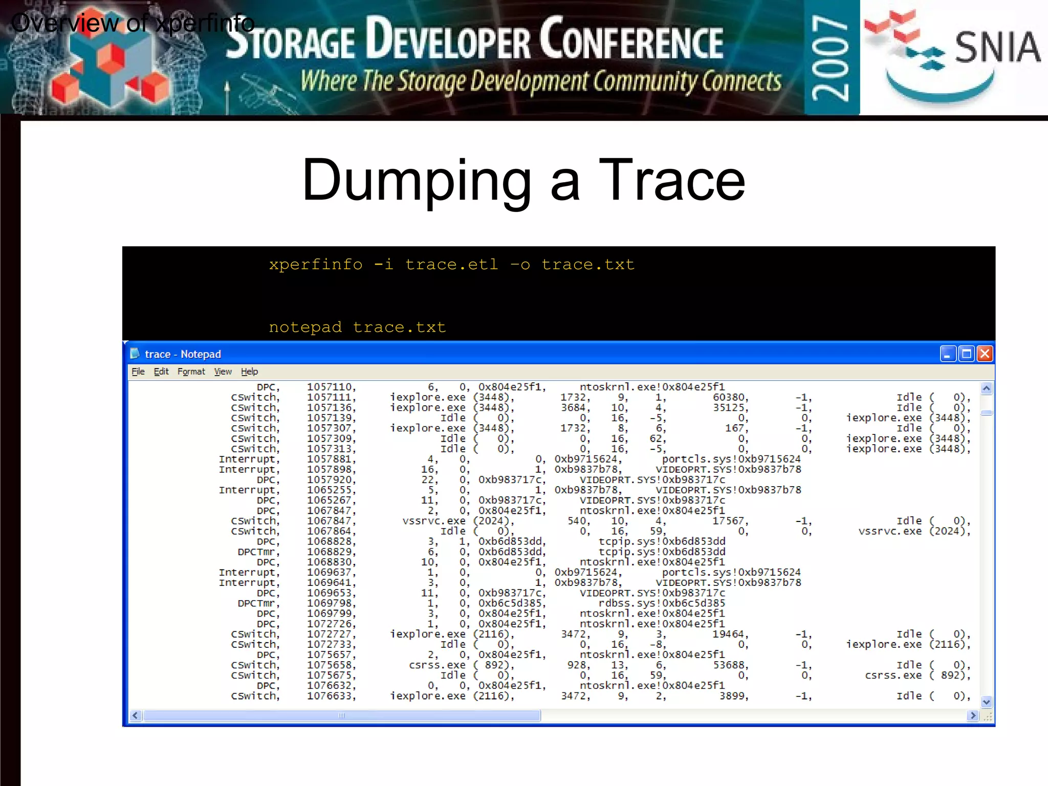 Dumping a Trace
Overview of xperfinfo
C:analysis> xperfinfo -i trace.etl –o trace.txt
[1/2] 100.0%
[2/2] 100.0%
C:analysis> notepad trace.txt
 