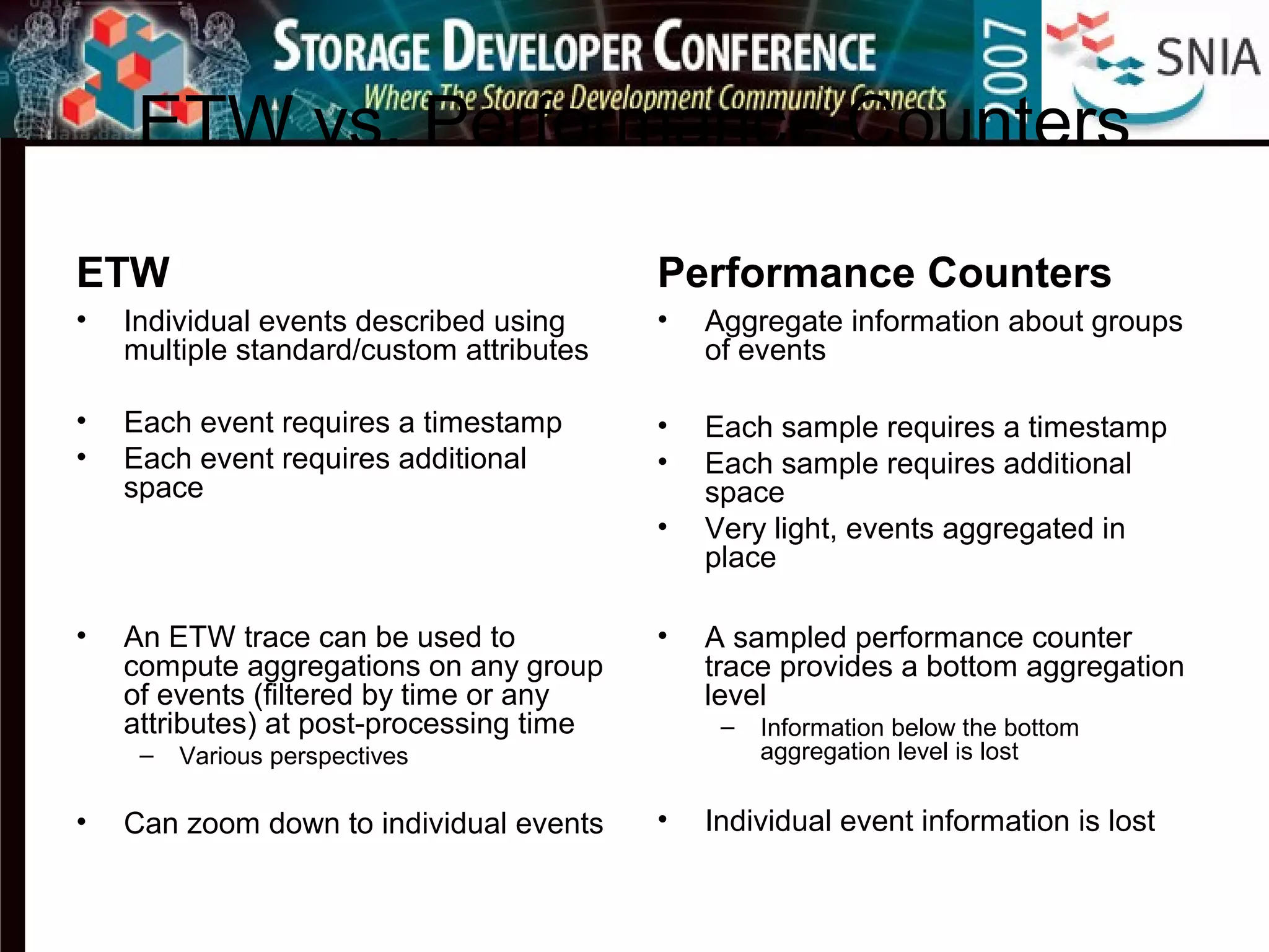 ETW vs. Performance Counters
ETW
• Individual events described using
multiple standard/custom attributes
• Each event requires a timestamp
• Each event requires additional
space
• An ETW trace can be used to
compute aggregations on any group
of events (filtered by time or any
attributes) at post-processing time
– Various perspectives
• Can zoom down to individual events
Performance Counters
• Aggregate information about groups
of events
• Each sample requires a timestamp
• Each sample requires additional
space
• Very light, events aggregated in
place
• A sampled performance counter
trace provides a bottom aggregation
level
– Information below the bottom
aggregation level is lost
• Individual event information is lost
 