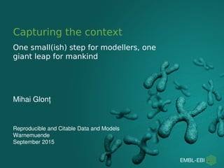 One small(ish) step for modellers, one
giant leap for mankind
Capturing the context
Mihai Glonț
Reproducible and Citable Data and Models
Warnemuende
September 2015
 