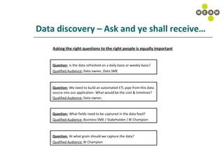 Data discovery – Ask and ye shall receive… Asking the right questions to the right people is equally important Question:   Is the data refreshed on a daily basis or weekly basis? Qualified Audience:  Data owner, Data SME Question:   We need to build an automated ETL pipe from this data source into our application. What would be the cost & timelines? Qualified Audience:  Data owner, Question:   What fields need to be captured in the data feed? Qualified Audience:  Business SME / Stakeholder / BI Champion Question:   At what grain should we capture the data? Qualified Audience:  BI Champion 