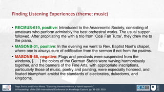 Finding Listening Experiences (theme: music)
• RECMUS-619, positive: Introduced to the Anacreontic Society, consisting of
...
