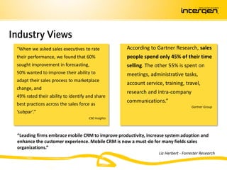 Industry Views
 “When we asked sales executives to rate            According to Gartner Research, sales
 their performance, we found that 60%               people spend only 45% of their time
 sought improvement in forecasting,                 selling. The other 55% is spent on
 50% wanted to improve their ability to             meetings, administrative tasks,
 adapt their sales process to marketplace
                                                    account service, training, travel,
 change, and
                                                    research and intra-company
 49% rated their ability to identify and share
                                                    communications.”
 best practices across the sales force as                                           Gartner Group
 ‘subpar’.”
                                     CSO Insights




 “Leading firms embrace mobile CRM to improve productivity, increase system adoption and
 enhance the customer experience. Mobile CRM is now a must-do for many fields sales
 organizations.”
                                                                  Liz Herbert - Forrester Research
 