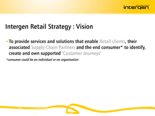 Intergen Retail Strategy : Vision

 To provide services and solutions that enable Retail clients, their
  associated Supply Chain Partners and the end consumer* to identify,
  create and own supported ‘Customer Journeys’
*consumer could be an individual or an organisation
 
