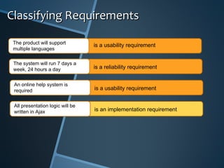 Classifying Requirements The product will support  multiple languages  is a usability requirement The system will run 7 days a week, 24 hours a day is a reliability requirement An online help system is required is a usability requirement All presentation logic will be written in Ajax is an implementation requirement 