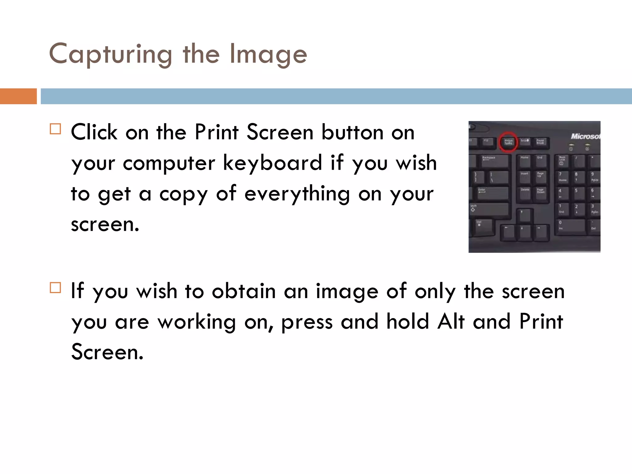 Capturing the Image Click on the Print Screen button on your computer keyboard if you wish to get a copy of everything on your screen. If you wish to obtain an image of only the screen you are working on, press and hold Alt and Print Screen.