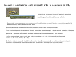 Bosques y plantaciones en la mitigación ante el incremento de CO2
Desarrollo de estrategias de mitigación/ adaptación generales y
específicas para el ecosistema (situaciones de borde)
Incremento de bosques/plantaciones como sumideros de carbono (plasticidad del material genético versus máxima capacidad de
respuesta con mayor riesgo) y decremento como fuentes
Reducción de emisiones en tratamientos selvícolas (preparación terreno, claras, cortas, desembosque)
Claras: Herramientas útiles en el secuestro de carbono. Su papel ante problemas hídricos . Escasez de agua , frecuencia e intensidad
Forestación e incremento en el secuestro de carbono atmosférico por el ecosistema respecto a usos anteriores
Cambios en la demanda de madera como factor más determinante (33-114%) en el incremento de las existencias de
madera que el cambio climático (23-31 %)
Evaluación dinámica del ciclo de vida (LCA) en forestación: Grado de compensación de una emisión mediante ratio impacto
acumulativo de la forestación / impacto acumulativo de la línea-base de la emisión de GEI a lo largo del tiempo.
 