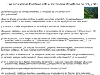Los ecosistemas forestales ante el incremento atmosférico de CO2 y GEI
¿Realmente ayudan de forma permanente a la mitigación del CO2 atmosférico?
¿En qué cuantía?
¿Son los árboles un sumidero continuo o pueden convertirse en fuente? ¿En qué condiciones?
¿Incremento de CO2 – temperatura – sequía- eficiencia en el uso del agua?¿Estructura rodal, edad?
¿ Y frente a la posible emigración de las especies y el cambio de nichos ecológicos?
¿Bosques y pastizales como sumideros de C en la compensación de las emisiones de N2 O (agricultura) y CH4
(ganadería) en aumento?, ¿Y en la restauración del bosque tras un largo periodo de cultivo agrícola?
¿Cómo evoluciona, con el tiempo, el flujo de carbono de suelo a atmósfera y, en consecuencia, el contenido
en el suelo ante el incremento de CO2 atmosférico y los cambios en TºC y precipitaciones, ¿ Y qué
repercusiones puede tener en la mitigación del CO2?
¿En bosques primarios? ¿En bosques secundarios? ¿Especie y formación vegetal, características físicas,
químicas y biológicas del suelo factores determinantes? ¿Disponibilidad de nitrógeno?
¿En qué medida el incremento de CO2 y temperatura afectan a otros integrantes biológicos del ecosistema,
en particular a plagas y enfermedades? ¿Como repercute ello en la mitigación? ¿Y los incendios?
¿Y en el incremento de la fijación fotosintética del carbono y su posible regulación a la baja? ¿Especies
(procedencias), edades, estructura de la masa? ¿Comportamiento de especies en masas mixtas?
¿Puede (y debe) adaptarse la gestión forestal al cambio climático? ¿Cómo ?
¿La investigación y la técnica forestales, apoyadas en un amplio abanico de Ciencias de la Naturaleza,
 