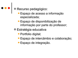 Recurso pedagógico: Espaço de acesso a informação especializada; Espaço de disponibilização de informação por parte do professor; Estratégia educativa Portfolio digital; Espaço de intercâmbio e colaboração; Espaço de integração. 