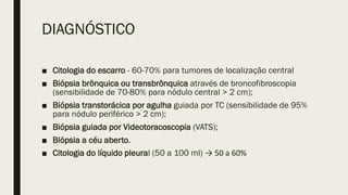 DIAGNÓSTICO
■ Citologia do escarro - 60-70% para tumores de localização central
■ Biópsia brônquica ou transbrônquica através de broncofibroscopia
(sensibilidade de 70-80% para nódulo central > 2 cm);
■ Biópsia transtorácica por agulha guiada por TC (sensibilidade de 95%
para nódulo periférico > 2 cm);
■ Biópsia guiada por Videotoracoscopia (VATS);
■ Biópsia a céu aberto.
■ Citologia do líquido pleural (50 a 100 ml) → 50 a 60%
 