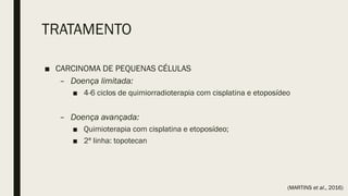 TRATAMENTO
■ CARCINOMA DE PEQUENAS CÉLULAS
– Doença limitada:
■ 4-6 ciclos de quimiorradioterapia com cisplatina e etoposídeo
– Doença avançada:
■ Quimioterapia com cisplatina e etoposídeo;
■ 2ª linha: topotecan
(MARTINS et al., 2016)
 