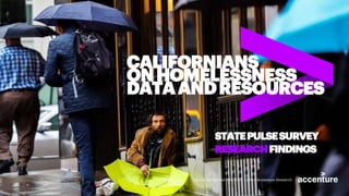 CALIFORNIANS
ONHOMELESSNESS
DATAANDRESOURCES
STATEPULSESURVEY
RESEARCHFINDINGS
Survey conducted July 16-27, 2018 – Accenture Research
 