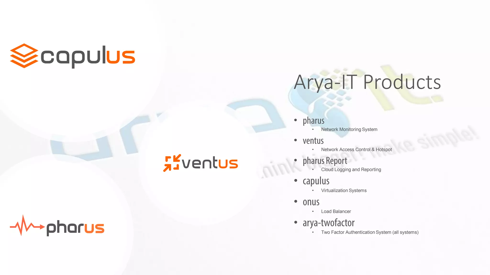 Arya-IT Products
•
• Network Monitoring System
•
• Network Access Control & Hotspot
•
• Cloud Logging and Reporting
•
• Virtualization Systems
•
• Load Balancer
•
• Two Factor Authentication System (all systems)
 
