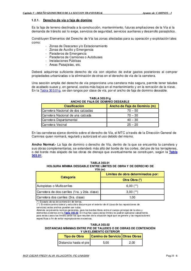 Capitulo V : DISEÃO GEOMETRICO DE LA SECCION TRANSVERSAL Apuntes de: CAMINOS - I
INGº OSCAR FREDY ALVA VILLACORTA: FIC-UNA...
