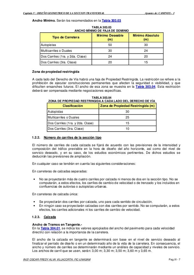 Capitulo V : DISEÃO GEOMETRICO DE LA SECCION TRANSVERSAL Apuntes de: CAMINOS - I
INGº OSCAR FREDY ALVA VILLACORTA: FIC-UNA...