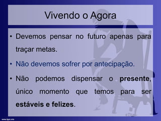 Vivendo o Agora
• Devemos pensar no futuro apenas para
traçar metas.
• Não devemos sofrer por antecipação.
• Não podemos dispensar o presente,
único momento que temos para ser
estáveis e felizes.
 