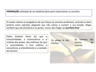 PERORAÇÃO utilização de um desfecho forte para impressionar os ouvintes.
O orador retoma os pregadores de que falava no conceito predicável, servindo-se dele
próprio como exemplo alegando que não estava a cumprir a sua função. Alega
também que ele (homens) e os peixes, nunca vão chegar ao sacrifício final
Os peixes já vão
mortos;
Os homens vão
mortos de
espírito;
Padre António Vieira diz que a
irracionalidade, a inconsciência e o
instinto dos peixes, são melhores do que
a racionalidade, o livre arbítrio, a
consciência, o entendimento e a vontade
do homem.
 