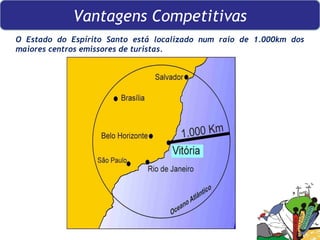 O Estado do Espírito Santo está localizado num raio de 1.000km dos maiores centros emissores de turistas. Vantagens Competitivas 