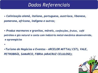   •  Colinização alemã, italiana, portuguesa, austríaca, libanesa, pomerana, africana, indígena e outros; Produz marmores e granitos, móveis,  confecções, frutas,  café petróleo e gás natural e conta com indústria metal-mecânica desenvolvida,  e agronegócios Turismo de Negócios e Eventos - ARCELOR MITTAL( CST), VALE, PETROBRÁS, SAMARCO, FIBRIA (ARACRUZ CELULOSE); Dados Gerais Dados Referenciais 