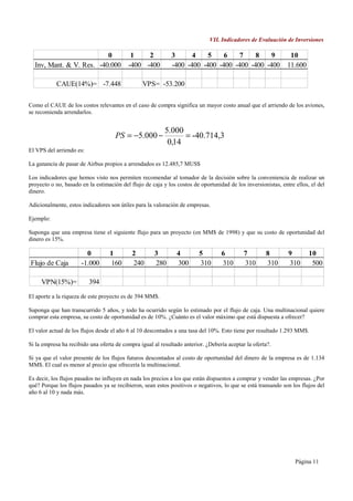 VII. Indicadores de Evaluación de Inversiones

                          0                1    2            3      4    5    6    7    8    9                  10
  Inv, Mant. & V. Res. -40.000            -400 -400          -400 -400 -400 -400 -400 -400 -400                11.600

           CAUE(14%)= -7.448                    VPS= -53.200

Como el CAUE de los costos relevantes en el caso de compra significa un mayor costo anual que el arriendo de los aviones,
se recomienda arrendarlos.


                                                          5.000
                                     PS = −5.000 −              = -40.714,3
                                                           0,14
El VPS del arriendo es:

La ganancia de pasar de Airbus propios a arrendados es 12.485,7 MUS$

Los indicadores que hemos visto nos permiten recomendar al tomador de la decisión sobre la conveniencia de realizar un
proyecto o no, basado en la estimación del flujo de caja y los costos de oportunidad de los inversionistas, entre ellos, el del
dinero.

Adicionalmente, estos indicadores son útiles para la valoración de empresas.

Ejemplo:

Suponga que una empresa tiene el siguiente flujo para un proyecto (en MM$ de 1998) y que su costo de oportunidad del
dinero es 15%.

                        0         1         2         3        4         5        6         7        8         9        10
Flujo de Caja         -1.000      160       240       280      300       310      310       310      310       310       500

     VPN(15%)=            394
El aporte a la riqueza de este proyecto es de 394 MM$.

Suponga que han transcurrido 5 años, y todo ha ocurrido según lo estimado por el flujo de caja. Una multinacional quiere
comprar esta empresa, su costo de oportunidad es de 10%. ¿Cuánto es el valor máximo que está dispuesta a ofrecer?

El valor actual de los flujos desde el año 6 al 10 descontados a una tasa del 10%. Esto tiene por resultado 1.293 MM$.

Si la empresa ha recibido una oferta de compra igual al resultado anterior. ¿Debería aceptar la oferta?.

Si ya que el valor presente de los flujos futuros descontados al costo de oportunidad del dinero de la empresa es de 1.134
MM$. El cual es menor al precio que ofrecería la multinacional.

Es decir, los flujos pasados no influyen en nada los precios a los que están dispuestos a comprar y vender las empresas. ¿Por
qué? Porque los flujos pasados ya se recibieron, sean estos positivos o negativos, lo que se está transando son los flujos del
año 6 al 10 y nada más.




                                                                                                                  Página 11
 