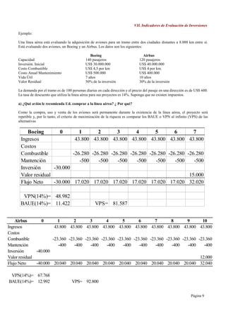 VII. Indicadores de Evaluación de Inversiones

     Ejemplo:

     Una línea aérea está evaluando la adquisición de aviones para un tramo entre dos ciudades distantes a 8.000 km entre sí.
     Está evaluando dos aviones, un Boeing y un Airbus. Los datos son los siguientes:

                                                   Boeing                            Airbus
     Capacidad                                  140 pasajeros                      120 pasajeros
     Inversión. Inicial                         US$ 30.000.000                     US$ 40.000.000
     Costo Combustible                          US$ 4,5 por km                     US$ 4 por km.
     Costo Anual Mantenimiento                  US$ 500.000                        US$ 400.000
     Vida Útil                                  7 años                             10 años
     Valor Residual                             50% de la inversión                30% de la inversión

     La demanda por el tramo es de 100 personas diarias en cada dirección y el precio del pasaje en una dirección es de US$ 600.
     La tasa de descuento que utiliza la línea aérea para sus proyectos es 14%. Suponga que no existen impuestos.

     a) ¿Qué avión le recomienda Ud. comprar a la línea aérea? ¿ Por qué?

     Como la compra, uso y venta de los aviones será permanente durante la existencia de la línea aérea, el proyecto será
     repetible y, por lo tanto, el criterio de maximización de la riqueza es comparar los BAUE o VPN al infinito (VPS) de las
     alternativas

         Boeing         0       1       2       3       4       5       6       7
      Ingresos                43.800 43.800 43.800 43.800 43.800 43.800 43.800
      Costos
      Combustible            -26.280 -26.280 -26.280 -26.280 -26.280 -26.280 -26.280
      Mantención                -500    -500    -500    -500    -500    -500    -500
      Inversión      -30.000
      Valor residual                                                          15.000
      Flujo Neto     -30.000 17.020 17.020 17.020 17.020 17.020 17.020 32.020

       VPN(14%)= 48.982
      BAUE(14%)= 11.422                               VPS= 81.587


    Airbus        0       1       2       3       4       5       6       7       8       9      10
Ingresos                43.800 43.800 43.800 43.800 43.800 43.800 43.800 43.800 43.800 43.800
Costos
Combustible            -23.360 -23.360 -23.360 -23.360 -23.360 -23.360 -23.360 -23.360 -23.360 -23.360
Mantención                -400    -400    -400    -400    -400    -400    -400    -400    -400    -400
Inversión      -40.000
Valor residual                                                                                  12.000
Flujo Neto     -40.000 20.040 20.040 20.040 20.040 20.040 20.040 20.040 20.040 20.040 32.040

 VPN(14%)= 67.768
BAUE(14%)= 12.992                      VPS= 92.800


                                                                                                                     Página 9
 