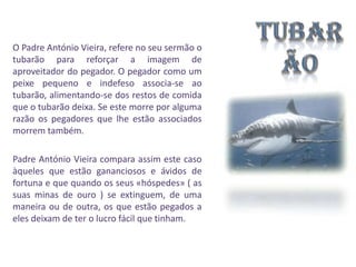 O Padre António Vieira, refere no seu sermão o
tubarão para reforçar a imagem de
aproveitador do pegador. O pegador como um
peixe pequeno e indefeso associa-se ao
tubarão, alimentando-se dos restos de comida
que o tubarão deixa. Se este morre por alguma
razão os pegadores que lhe estão associados
morrem também.
Padre António Vieira compara assim este caso
àqueles que estão gananciosos e ávidos de
fortuna e que quando os seus «hóspedes» ( as
suas minas de ouro ) se extinguem, de uma
maneira ou de outra, os que estão pegados a
eles deixam de ter o lucro fácil que tinham.

 