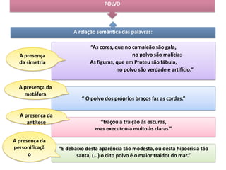 POLVO

A relação semântica das palavras:

A presença
da simetria

A presença da
metáfora

A presença da
antítese
A presença da
personificaçã
o

“As cores, que no camaleão são gala,
no polvo são malícia;
As figuras, que em Proteu são fábula,
no polvo são verdade e artifício.”

“ O polvo dos próprios braços faz as cordas.”

“traçou a traição às escuras,
mas executou-a muito às claras.”

“E debaixo desta aparência tão modesta, ou desta hipocrisia tão
santa, (…) o dito polvo é o maior traidor do mar.”

 