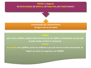 POLVO: a alegoria
da dissimulação, do disfarce, da hipocrisia, da traição (concl.)

Comparação das características
da água com as do polvo
A água,

pura, clara, cristalina, espelho natural da terra e do céu, diáfana, transparente, em que nada
se pode ocultar, encobrir ou dissimular,
acentua
o contraste com o polvo, pondo em evidência o que este tem de monstro dissimulado, de
fingido, de astuto, de enganosos, de

traidor.

 