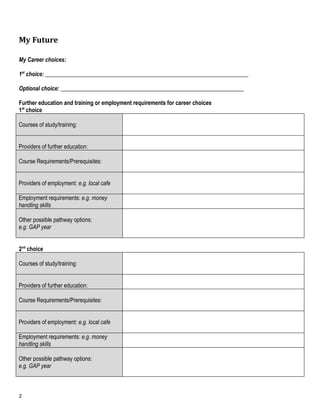 My Future

My Career choices:

1st choice: _______________________________________________________________________

Optional choice: ________________________________________________________________

Further education and training or employment requirements for career choices
1st choice

Courses of study/training:


Providers of further education:

Course Requirements/Prerequisites:


Providers of employment: e.g. local cafe

Employment requirements: e.g. money
handling skills

Other possible pathway options:
e.g. GAP year


2nd choice

Courses of study/training:


Providers of further education:

Course Requirements/Prerequisites:


Providers of employment: e.g. local cafe

Employment requirements: e.g. money
handling skills

Other possible pathway options:
e.g. GAP year



2
 