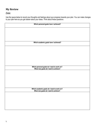 My Review
Date:
Use the space below to record your thoughts and feelings about your progress towards your plan. You can make changes
to your plan here as you get clearer about your ideas. Think about these questions:

                                      Which personal goals have l achieved?




                                      Which academic goals have l achieved?




                                   Which personal goals do l need to work on?
                                     What new goals do I want to achieve?




                                   Which academic goals do l need to work on?
                                      What new goals do I want to achieve?




5
 