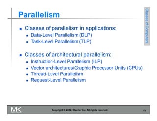 Parallelism
 Classes of parallelism in applications:
 Data-Level Parallelism (DLP)
 Task-Level Parallelism (TLP)
 Classes of architectural parallelism:
 Instruction-Level Parallelism (ILP)
 Vector architectures/Graphic Processor Units (GPUs)
 Thread-Level Parallelism
 Request-Level Parallelism
Classes
of
Computers
Copyright © 2012, Elsevier Inc. All rights reserved. 18
 