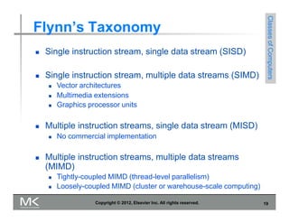 Flynn’s Taxonomy
 Single instruction stream, single data stream (SISD)
 Single instruction stream, multiple data streams (SIMD)
 Vector architectures
 Multimedia extensions
 Graphics processor units
 Multiple instruction streams, single data stream (MISD)
 No commercial implementation
 Multiple instruction streams, multiple data streams
(MIMD)
 Tightly-coupled MIMD (thread-level parallelism)
 Loosely-coupled MIMD (cluster or warehouse-scale computing)
Classes
of
Computers
Copyright © 2012, Elsevier Inc. All rights reserved. 19
 