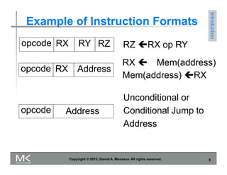 Example of Instruction Formats
Introduction
Copyright © 2013, Daniel A. Menasce. All rights reserved. 8
opcode RX RY RZ
opcode RX Address
RZ RX op RY
RX  Mem(address)
Mem(address) RX
opcode Address
Unconditional or
Conditional Jump to
Address
 