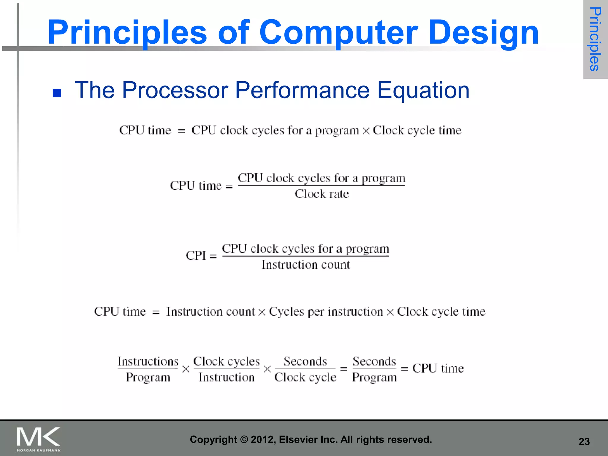 

Principles

Principles of Computer Design
The Processor Performance Equation

Copyright © 2012, Elsevier Inc. All rights reserved.

23

 
