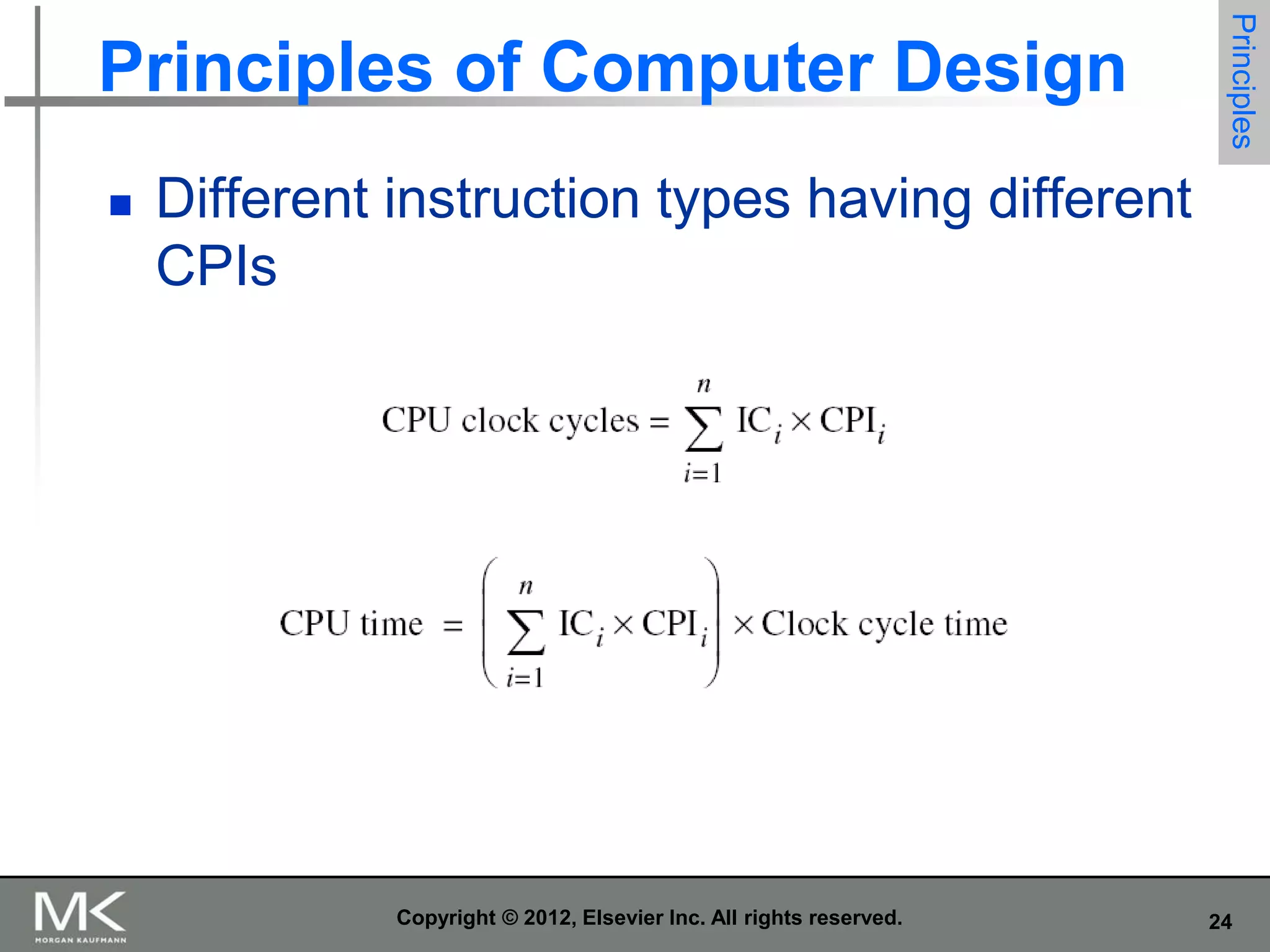 

Principles

Principles of Computer Design
Different instruction types having different
CPIs

Copyright © 2012, Elsevier Inc. All rights reserved.

24

 