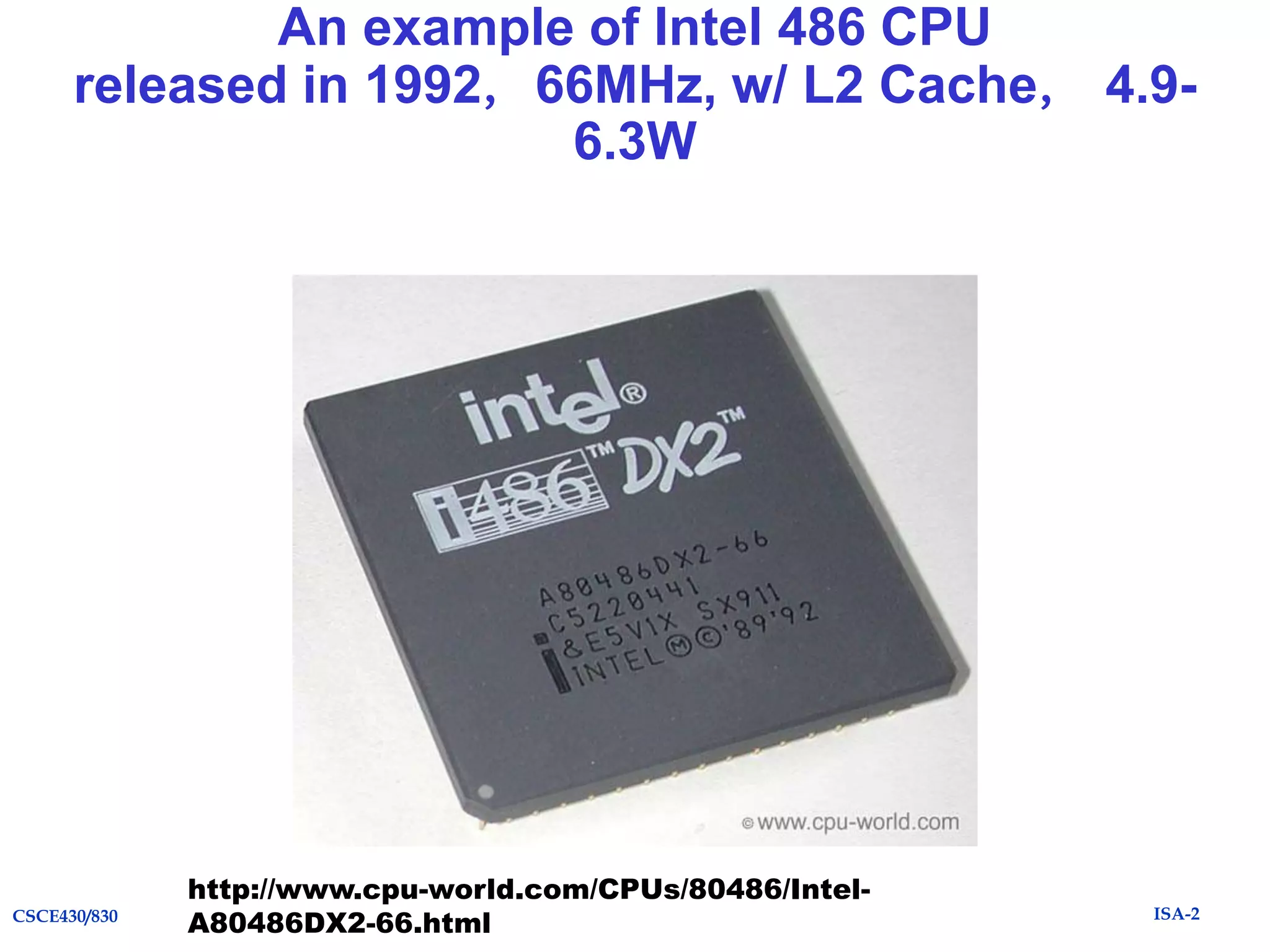 An example of Intel 486 CPU
released in 1992，66MHz, w/ L2 Cache， 4.96.3W

CSCE430/830

http://www.cpu-world.com/CPUs/80486/IntelA80486DX2-66.html

ISA-2

 