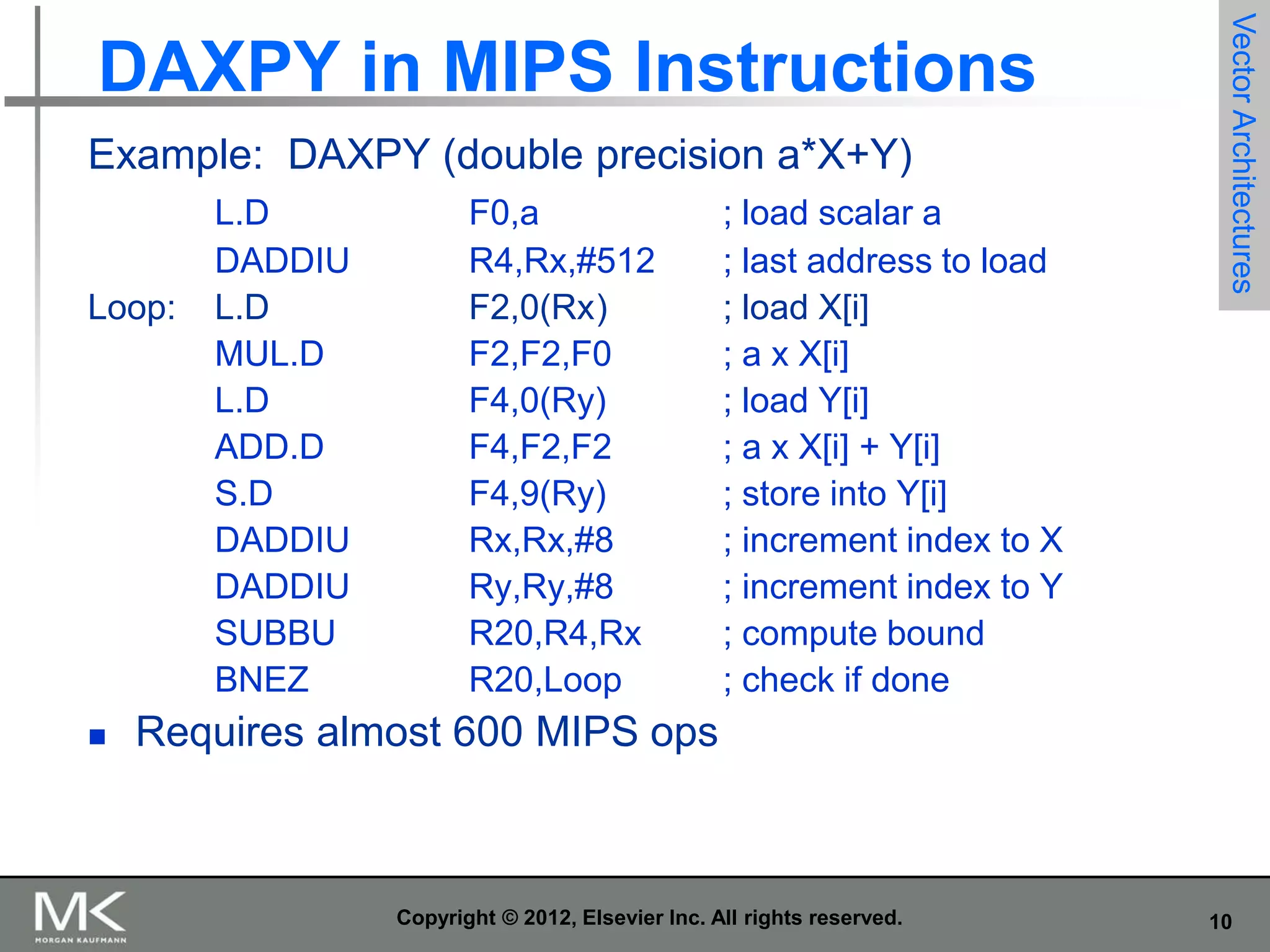 Example: DAXPY (double precision a*X+Y)

Loop:



L.D
DADDIU
L.D
MUL.D
L.D
ADD.D
S.D
DADDIU
DADDIU
SUBBU
BNEZ

F0,a
R4,Rx,#512
F2,0(Rx)
F2,F2,F0
F4,0(Ry)
F4,F2,F2
F4,9(Ry)
Rx,Rx,#8
Ry,Ry,#8
R20,R4,Rx
R20,Loop

; load scalar a
; last address to load
; load X[i]
; a x X[i]
; load Y[i]
; a x X[i] + Y[i]
; store into Y[i]
; increment index to X
; increment index to Y
; compute bound
; check if done

Vector Architectures

DAXPY in MIPS Instructions

Requires almost 600 MIPS ops

Copyright © 2012, Elsevier Inc. All rights reserved.

10

 
