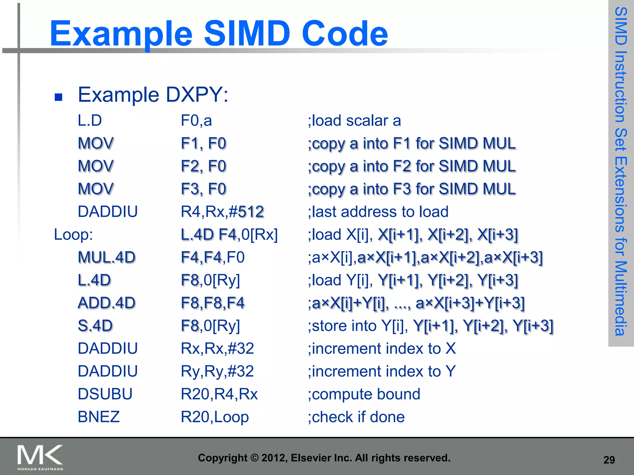 

Example DXPY:

L.D
MOV
MOV
MOV
DADDIU
Loop:
MUL.4D
L.4D
ADD.4D
S.4D
DADDIU
DADDIU
DSUBU
BNEZ

F0,a
F1, F0
F2, F0
F3, F0
R4,Rx,#512
L.4D F4,0[Rx]
F4,F4,F0
F8,0[Ry]
F8,F8,F4
F8,0[Ry]
Rx,Rx,#32
Ry,Ry,#32
R20,R4,Rx
R20,Loop

;load scalar a
;copy a into F1 for SIMD MUL
;copy a into F2 for SIMD MUL
;copy a into F3 for SIMD MUL
;last address to load
;load X[i], X[i+1], X[i+2], X[i+3]
;a×X[i],a×X[i+1],a×X[i+2],a×X[i+3]
;load Y[i], Y[i+1], Y[i+2], Y[i+3]
;a×X[i]+Y[i], ..., a×X[i+3]+Y[i+3]
;store into Y[i], Y[i+1], Y[i+2], Y[i+3]
;increment index to X
;increment index to Y
;compute bound
;check if done

Copyright © 2012, Elsevier Inc. All rights reserved.

SIMD Instruction Set Extensions for Multimedia

Example SIMD Code

29

 