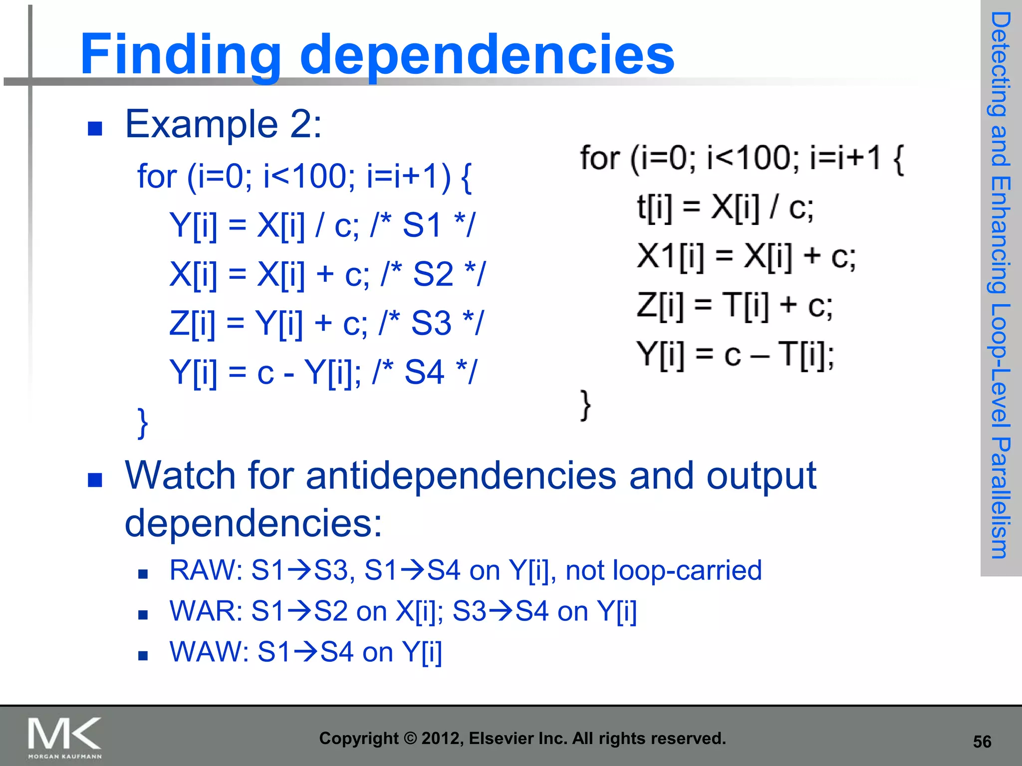 

Example 2:
for (i=0; i<100; i=i+1) {
Y[i] = X[i] / c; /* S1 */
X[i] = X[i] + c; /* S2 */
Z[i] = Y[i] + c; /* S3 */
Y[i] = c - Y[i]; /* S4 */
}



Watch for antidependencies and output
dependencies:




RAW: S1S3, S1S4 on Y[i], not loop-carried
WAR: S1S2 on X[i]; S3S4 on Y[i]
WAW: S1S4 on Y[i]
Copyright © 2012, Elsevier Inc. All rights reserved.

Detecting and Enhancing Loop-Level Parallelism

Finding dependencies

56

 