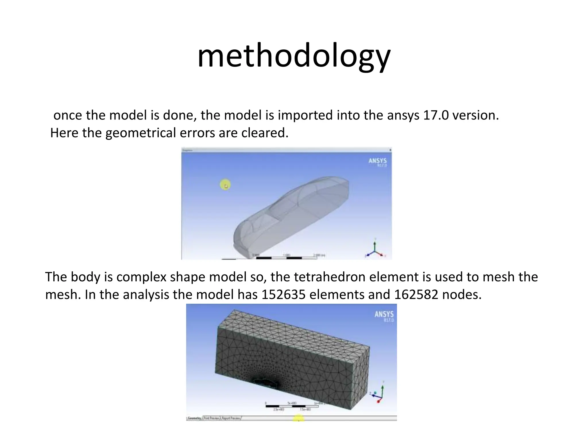 methodology
once the model is done, the model is imported into the ansys 17.0 version.
Here the geometrical errors are cleared.
The body is complex shape model so, the tetrahedron element is used to mesh the
mesh. In the analysis the model has 152635 elements and 162582 nodes.
 
