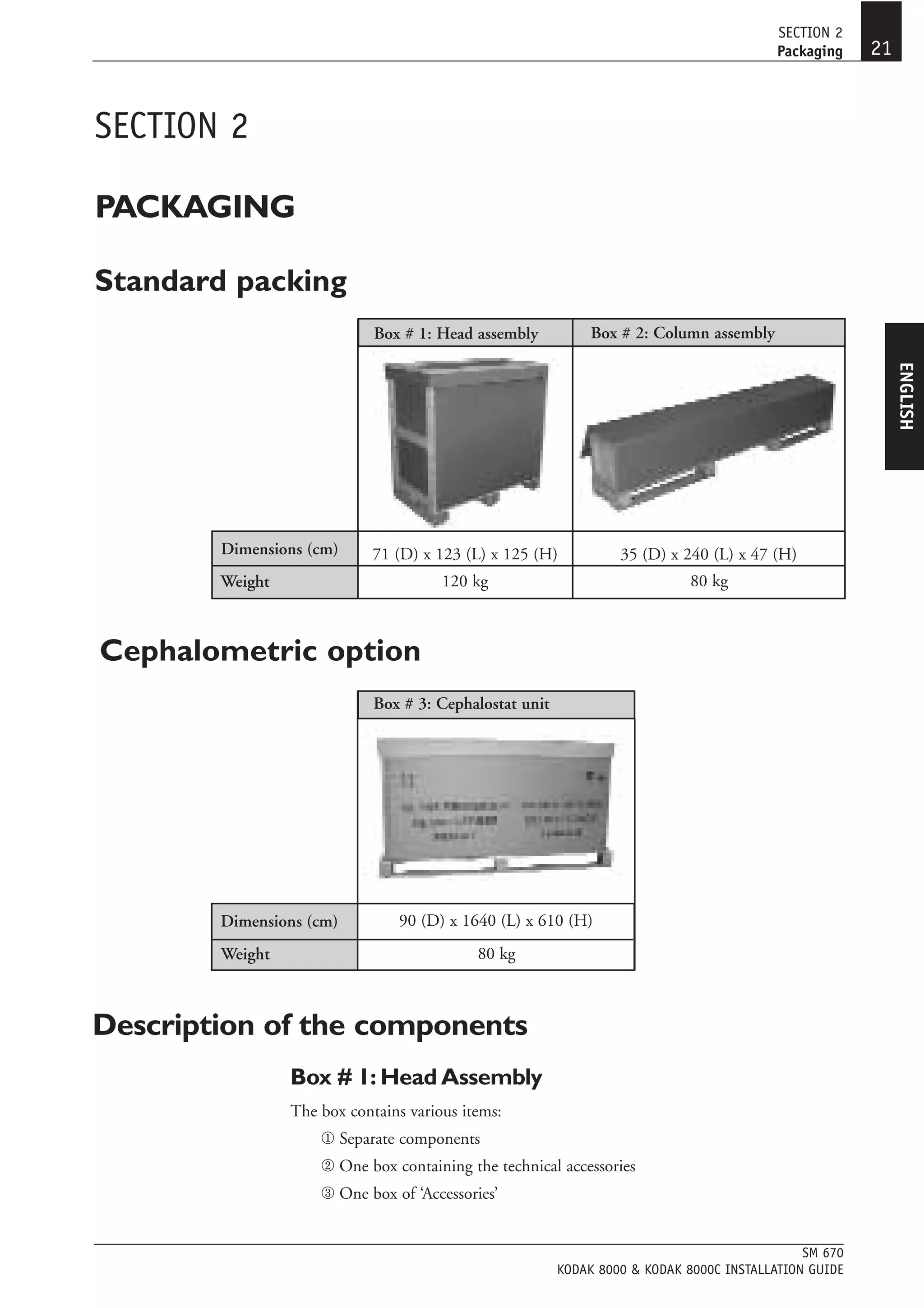SECTION 2
                                                                                          Packaging    21


SECTION 2

PACKAGING

Standard packing
                             Box # 1: Head assembly           Box # 2: Column assembly




                                                                                                            ENGLISH
        Dimensions (cm)      71 (D) x 123 (L) x 125 (H)           35 (D) x 240 (L) x 47 (H)
        Weight                         120 kg                                80 kg



Cephalometric option
                             Box # 3: Cephalostat unit




        Dimensions (cm)         90 (D) x 1640 (L) x 610 (H)
        Weight                              80 kg



Description of the components
                 Box # 1: Head Assembly
                 The box contains various items:
                     x Separate components
                     y One box containing the technical accessories
                     z One box of ‘Accessories’


                                                                                              SM 670
                                                         KODAK 8000 & KODAK 8000C INSTALLATION GUIDE
 