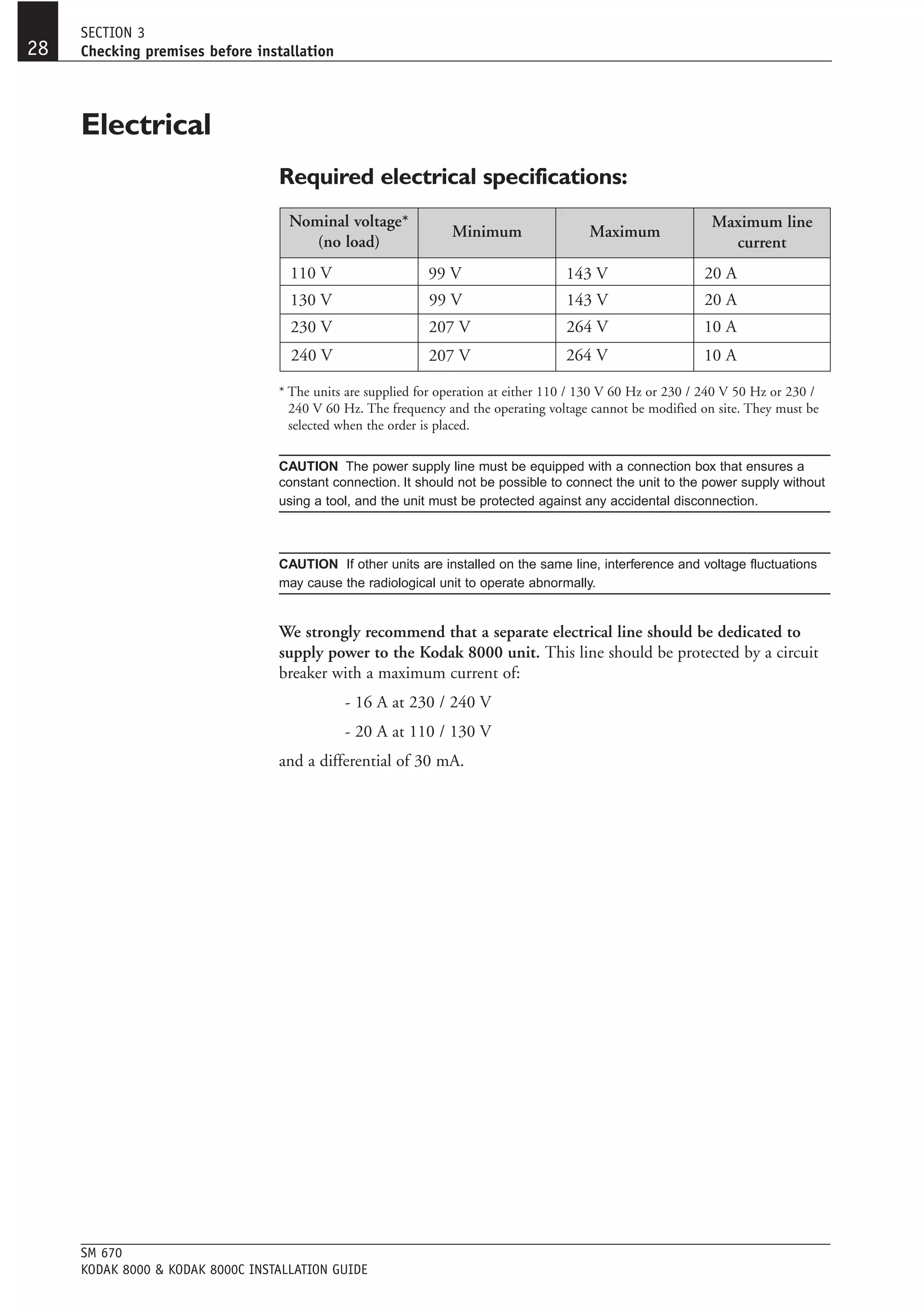 SECTION 3
28   Checking premises before installation




     Electrical
                                  Required electrical specifications:
                                    Nominal voltage*                                                          Maximum line
                                                                Minimum                  Maximum
                                       (no load)                                                                current
                                    110 V                   99 V                     143 V                   20 A
                                    130 V                   99 V                     143 V                   20 A
                                    230 V                   207 V                    264 V                   10 A
                                    240 V                   207 V                    264 V                   10 A

                                  * The units are supplied for operation at either 110 / 130 V 60 Hz or 230 / 240 V 50 Hz or 230 /
                                    240 V 60 Hz. The frequency and the operating voltage cannot be modified on site. They must be
                                    selected when the order is placed.

                                  CAUTION The power supply line must be equipped with a connection box that ensures a
                                  constant connection. It should not be possible to connect the unit to the power supply without
                                  using a tool, and the unit must be protected against any accidental disconnection.



                                  CAUTION If other units are installed on the same line, interference and voltage fluctuations
                                  may cause the radiological unit to operate abnormally.


                                  We strongly recommend that a separate electrical line should be dedicated to
                                  supply power to the Kodak 8000 unit. This line should be protected by a circuit
                                  breaker with a maximum current of:
                                             - 16 A at 230 / 240 V
                                             - 20 A at 110 / 130 V
                                  and a differential of 30 mA.




     SM 670
     KODAK 8000 & KODAK 8000C INSTALLATION GUIDE
 