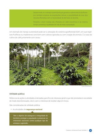 Cadastro Ambiental Rural | Módulo 2 22
Desse modo, é o manejo sustentável que garante a sobrevivência da flores-
ta e também propicia, às populações nativas, a possibilidade de viver dos
recursos florestais sem a necessidade de derrubar as árvores.
Portanto, o bom manejo dá à floresta um valor econômico e ao mesmo
tempo aumenta a qualidade de vida de toda a população.
Um exemplo de manejo sustentável pode ser a utilização do sistema agroflorestal (SAF), em que espé-
cies frutíferas ou madeireiras convivem com cultivos agrícolas ou com criação de animais. É o caso do
cultivo de café juntamente com cacau.
Fonte: Shutterstock.
Utilidade pública
Refere-se às ações e atividades orientadas para fins de interesse geral e que são prestadas à sociedade
de modo desinteressado, isto é, sem o interesse de receber algo em troca.
São consideradas de utilidade pública:
•	 As atividades de segurança nacional.
Têm o objetivo de assegurar a integridade do
território, proteger a população e preservar os
interesses nacionais contra qualquer tipo de
ameaça e agressão.
 