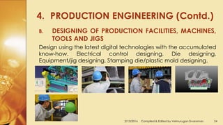 4. PRODUCTION ENGINEERING (Contd.)
2/13/2016 Compiled & Edited by Velmurugan Sivaraman 24
B. DESIGNING OF PRODUCTION FACILITIES, MACHINES,
TOOLS AND JIGS
Design using the latest digital technologies with the accumulated
know-how. Electrical control designing, Die designing,
Equipment/jig designing, Stamping die/plastic mold designing.
 